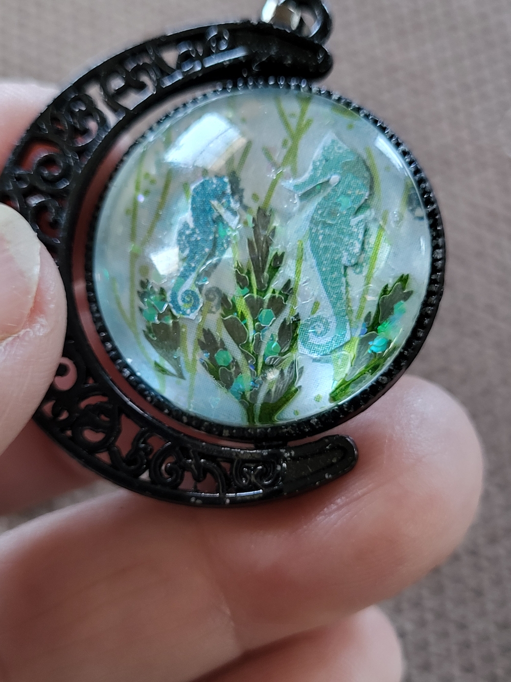 Seahorse Glass Dome Double Sided Pendant in Teal and Green